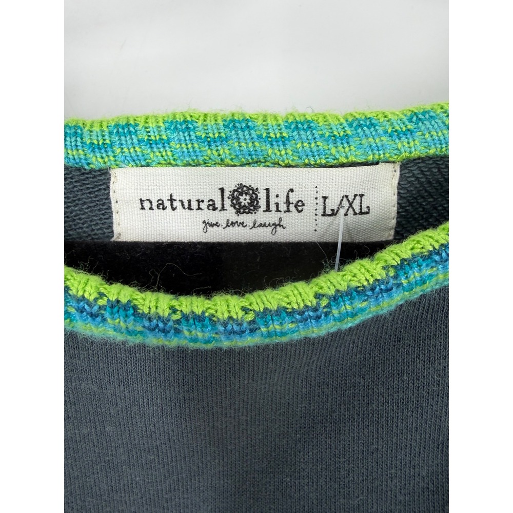 Natural Life Gray Oversized Sweatshirt Teal Lime Green Knit Trim L/XL Boho Top - Picture 3 of 4